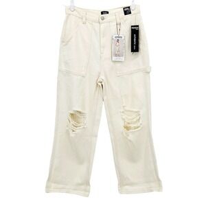 Simply Society Women's Crop Carpenter Pant 9/29 Distressed Cream Rolled Cuff NWT